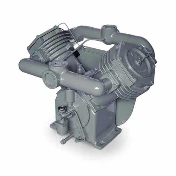 Gray industrial air compressor pump featuring two large cylinders, cooling fins, and connecting pipes on a plain white background.
