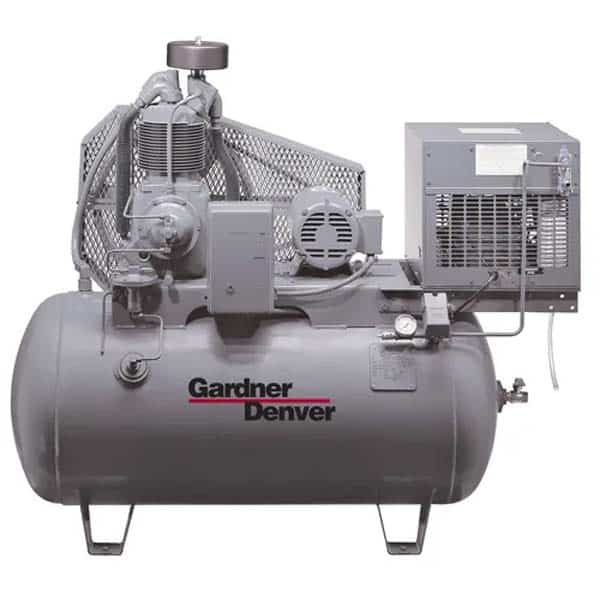 A large industrial air compressor with a cylindrical tank, motor, and cooling unit labeled Gardner Denver on the front; metallic with grilles.