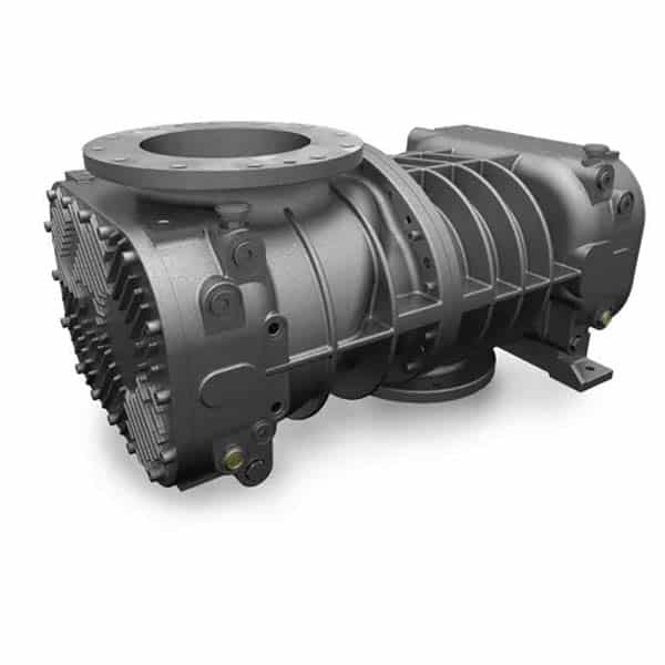 A metallic industrial rotary blower featuring a cylindrical body, top flange, and ribbed housing for moving air or gas in systems.