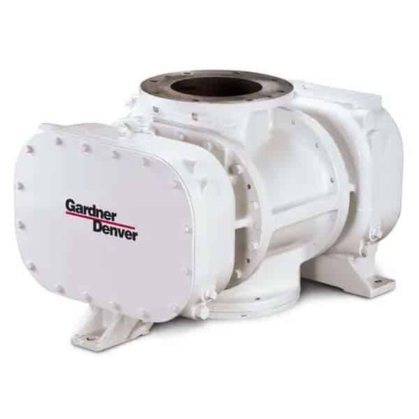 A large white Gardner Denver rotary blower with a cylindrical body, bolted side cover, mounting feet, and logo on the cover.