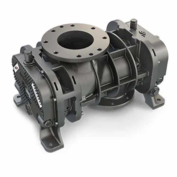 Industrial rotary lobe blower featuring a round central inlet, sturdy metallic body, exposed fasteners, and a base for mounting.