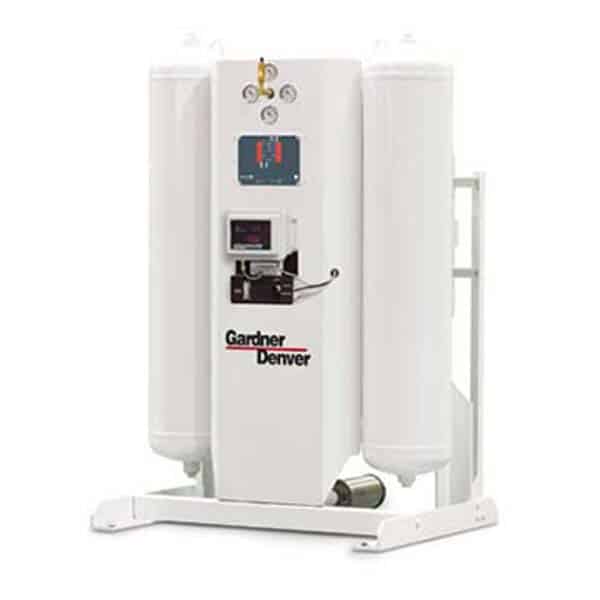 A white Gardner Denver industrial air dryer with two upright cylindrical tanks, gauges, front control panel, and logo on a metal frame.