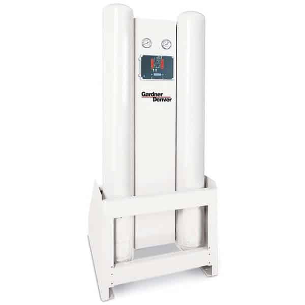 White industrial air dryer unit featuring two vertical cylindrical tanks, pressure gauges, control panel, and Gardner Denver logo on front.