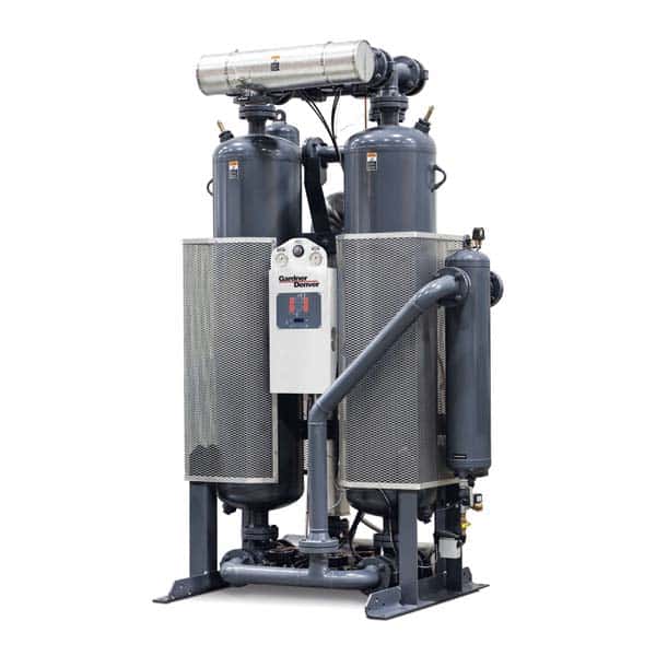 A large industrial air dryer featuring twin vertical cylindrical tanks, connected pipes, and a central control panel on a sturdy frame.