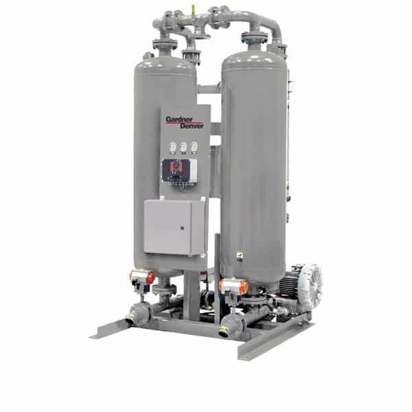 Industrial compressed air dryer with two tall gray cylindrical tanks, pipes, control gauges on front, on a metal frame labeled Gardner Denver.