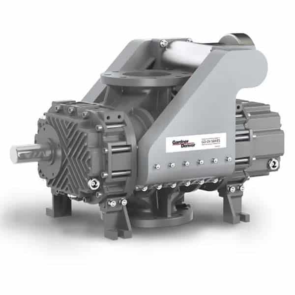 A gray industrial blower or vacuum pump with metal casing, labeled Gardner Denver GDIV Series, featuring a cylindrical shaft and sturdy base.