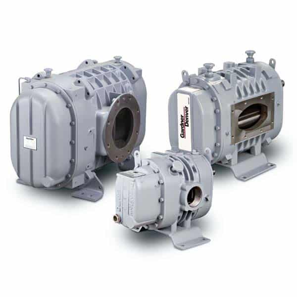 Three gray industrial positive displacement blowers in various sizes and shapes on a white background, showing flanges and details.