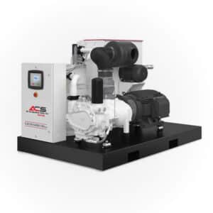 Large industrial air compressor unit featuring a display screen, control panel, pipes, and motor on a black base with ACS logo visible.
