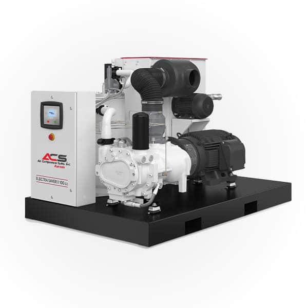Large industrial air compressor unit featuring a display screen, control panel, pipes, and motor on a black base with ACS logo visible.
