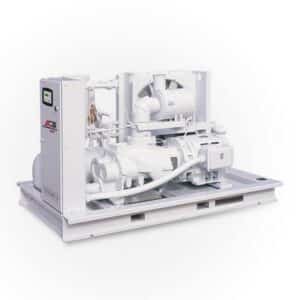 Industrial refrigeration compressor unit featuring pipes, gauges, and control panel on a white metal base, set against a white background.