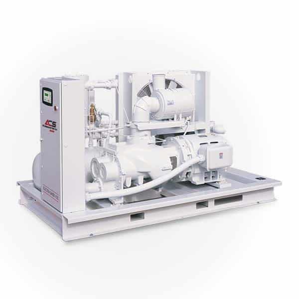 Industrial refrigeration compressor unit featuring pipes, gauges, and control panel on a white metal base, set against a white background.