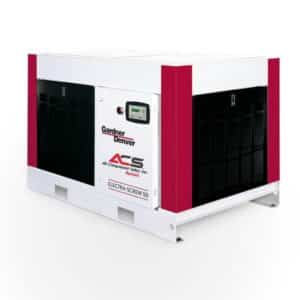 A large industrial air compressor with red and white panels, Gardner Denver and ACS logos, control panel, labeled Electra-Screw 50.