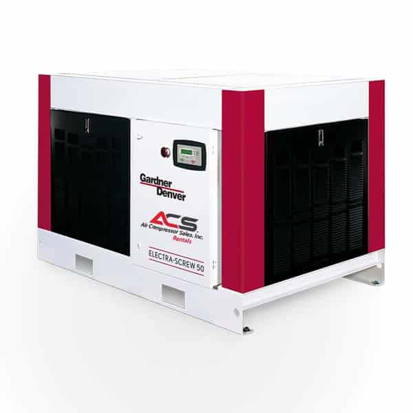 A large industrial air compressor with red and white panels, Gardner Denver and ACS logos, control panel, labeled Electra-Screw 50.