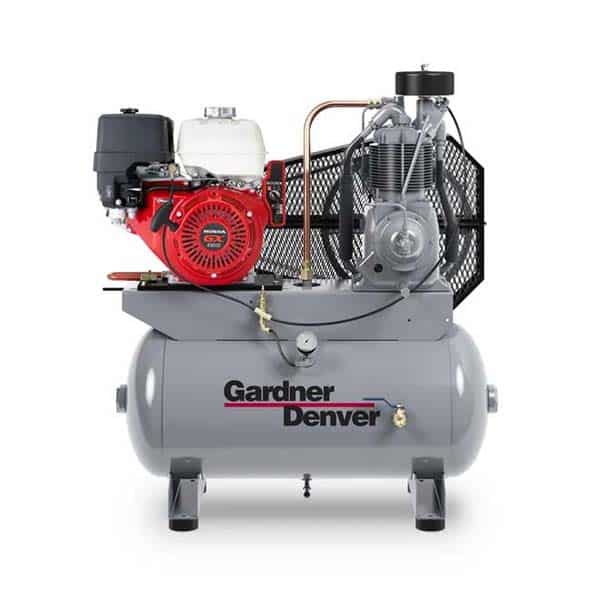 A gray Gardner Denver air compressor with a cylindrical tank, red and white engine, black metal cage, and visible pressure gauges.