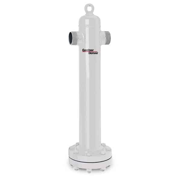 Vertical cylindrical industrial filter housing with inlet and outlet pipes, painted white, Gardner Denver logo near the top.