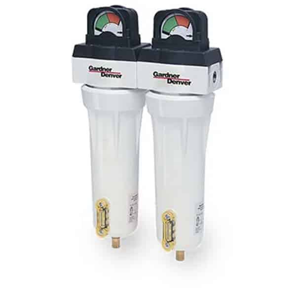 Two white cylindrical air filters with transparent gauges, dual pressure indicators on top, red and green zones, labeled Gardner Denver.