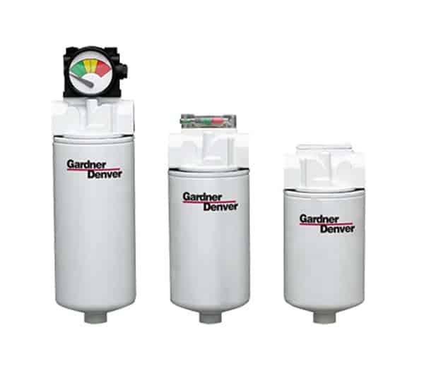 Three cylindrical Gardner Denver industrial air filters with white bodies, labels, and gauges on top, side by side on a white background.