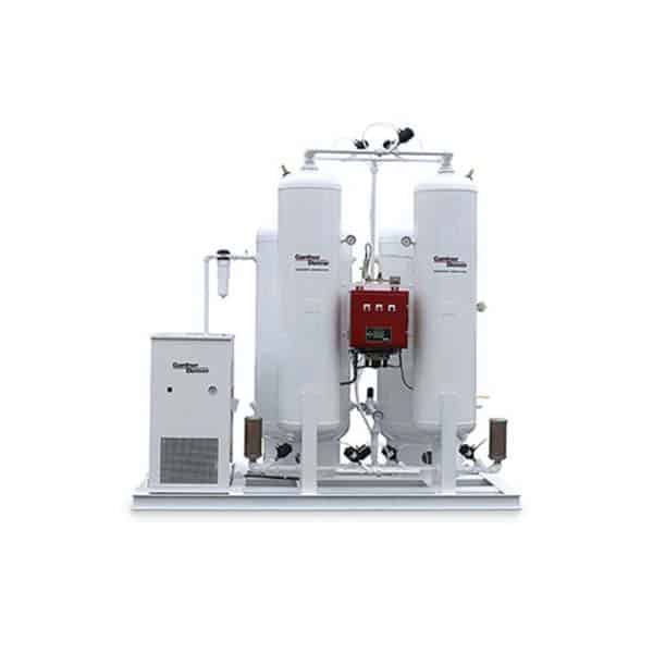 Industrial oxygen generator with two tall white cylinders, central red control panel, connecting pipes, and side equipment box on a white base.