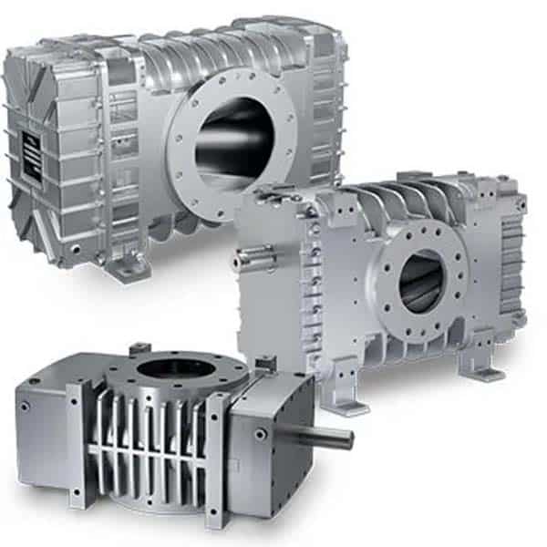 Three large industrial metallic rotary lobe blowers with vented casings and mounting feet on a white background, shafts vary.