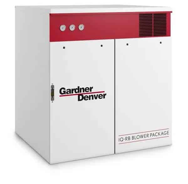 A white industrial blower package unit with a red top, three gauges, ventilation slots, and Gardner Denver IQ-RB Blower Package text.
