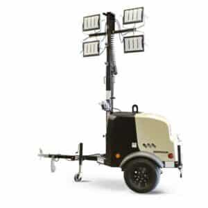 Mobile light tower with four large rectangular floodlights on an extendable pole, mounted on a trailer with black and white body, wheel, and visible Doosan logo.