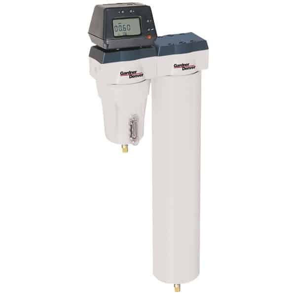 Industrial air filter unit with a digital display on top, labeled Gardner Denver, featuring two cylindrical filters of different lengths against a plain white background.