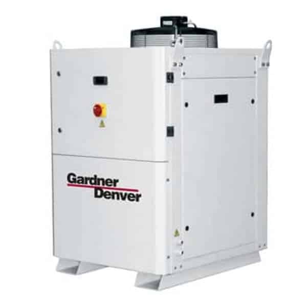 A white industrial machine labeled Gardner Denver with vents, a control button, and a fan unit on top, designed for industrial use.