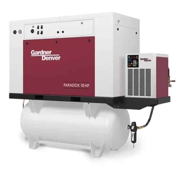 A Gardner Denver PARADOX 10HP industrial air compressor with a white and red exterior sits atop a large white horizontal tank.