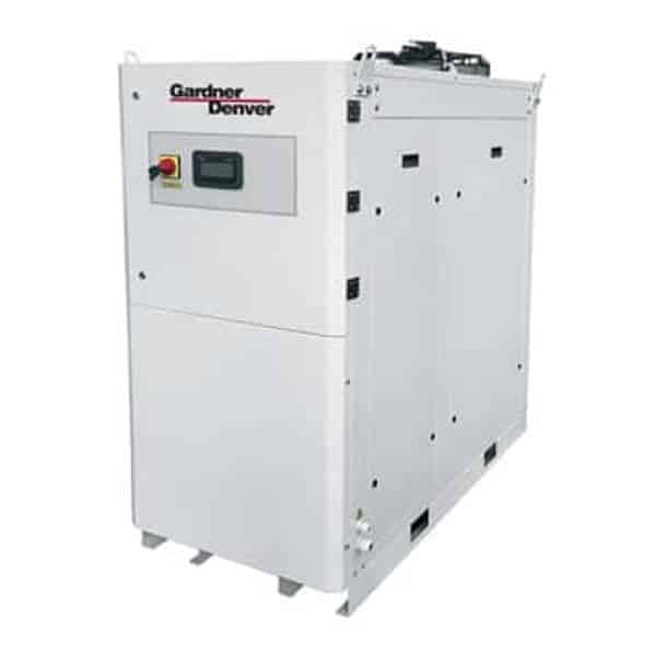 A white Gardner Denver industrial air compressor unit featuring a control panel and red emergency stop button on a plain white background.