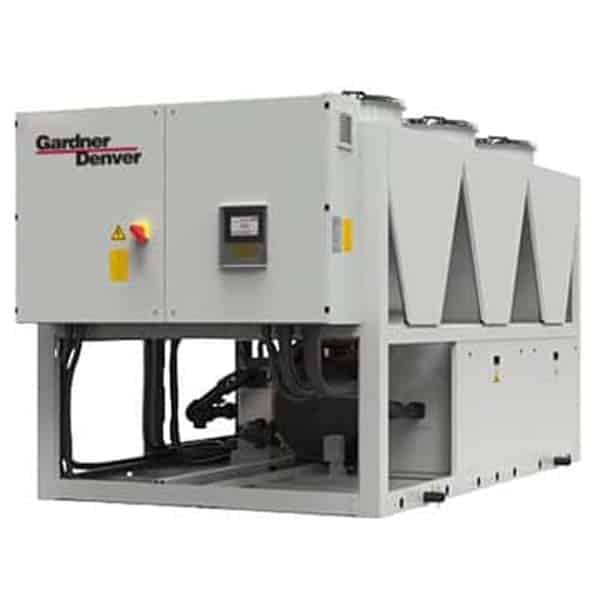 A large industrial chiller unit labeled Gardner Denver with a control panel, vents, and top cooling fans for commercial or industrial cooling.