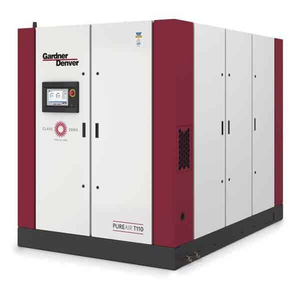 Large industrial air compressor unit with a white and red exterior, labeled Gardner Denver and PUREAIR T110, featuring a control panel with a display screen on the front.