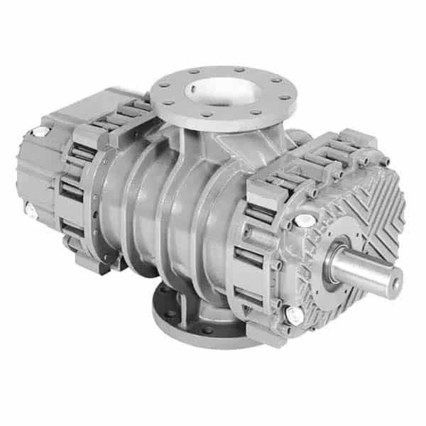 Metal rotary blower with cylindrical body, flanged top and bottom openings, and protruding shaft for industrial air or gas movement.