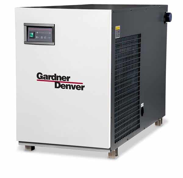 Large industrial air compressor with a white front panel featuring the Gardner Denver logo, digital control display, and side ventilation grilles.