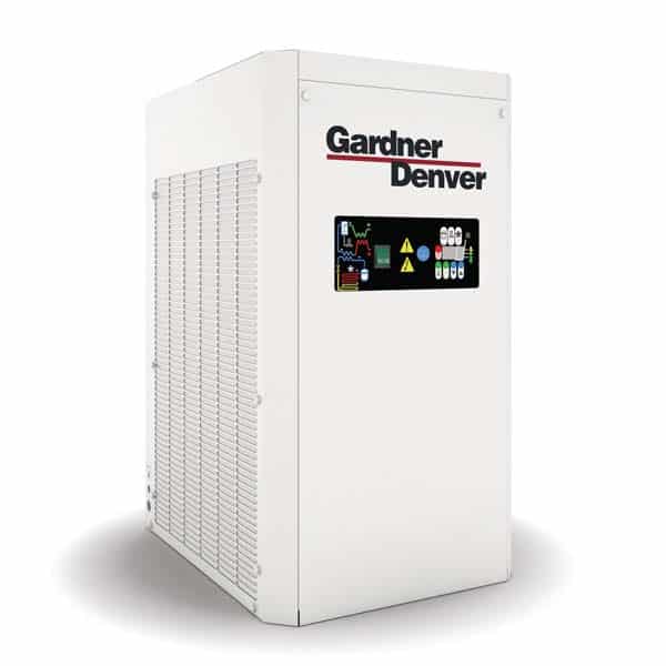A large white industrial machine labeled Gardner Denver with control panel, indicator lights, and ventilation grilles on the side.