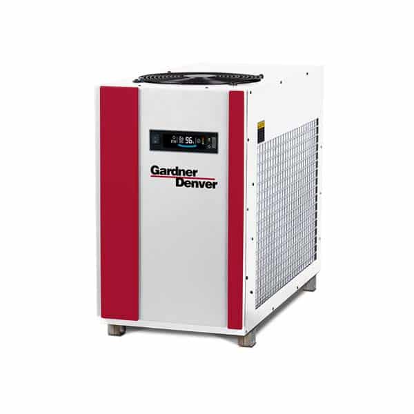 A Gardner Denver industrial air dryer featuring a white and red exterior, front digital display, and side vents on a plain white background.