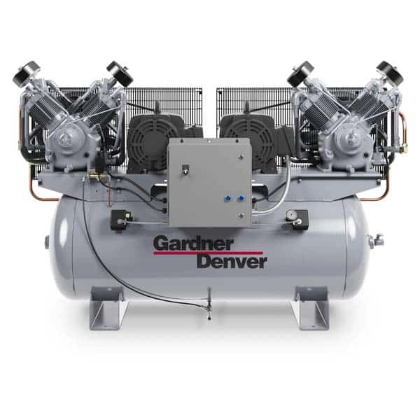A silver Gardner Denver industrial air compressor with twin black motors, cooling fans, and a control panel on a horizontal tank.