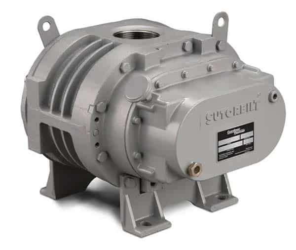 A gray industrial air blower with a sturdy, ribbed metal casing labeled Cutter, designed for heavy-duty use, mounted on a bolted metal base.