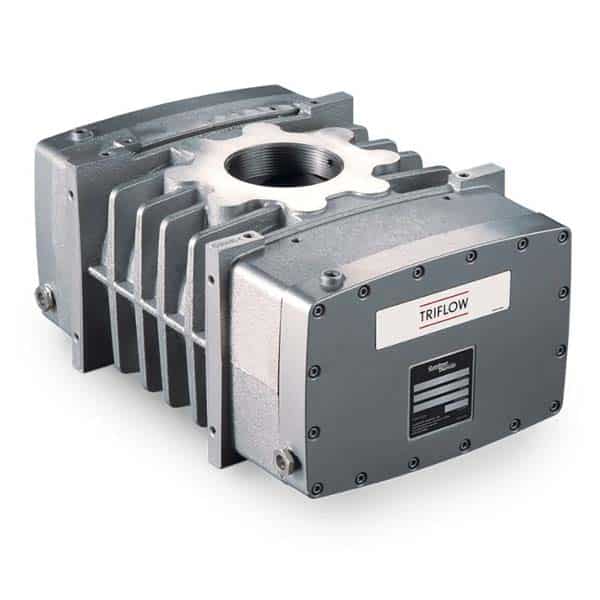 Rectangular industrial metal pump with finned sides, central circular top opening, labeled TRIFLOW on one end; gray with bolts and data plate.
