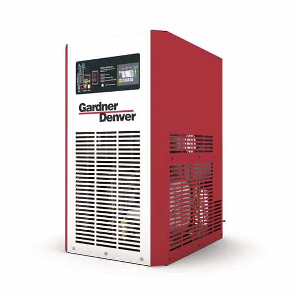 A red and white industrial machine labeled Gardner Denver with a control panel and ventilation grilles, standing on a white background.
