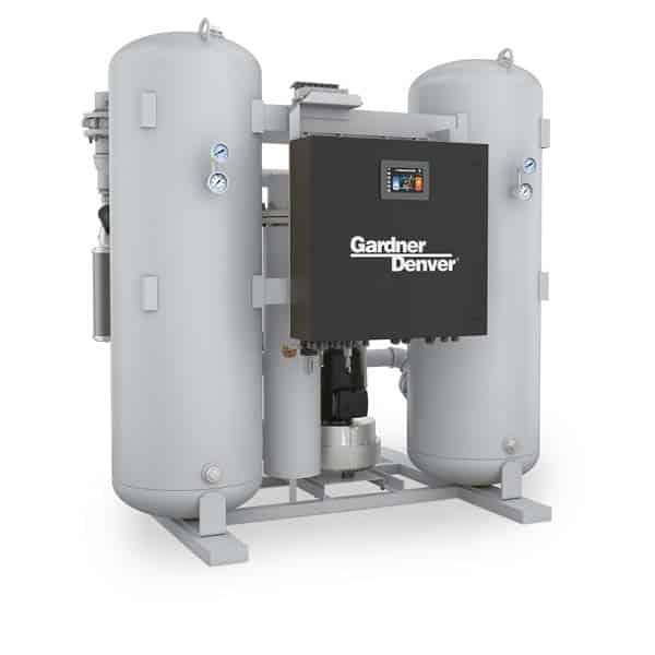 A Gardner Denver industrial compressed air dryer featuring two tall vertical tanks, control panel, and gauges on a sturdy metal frame.