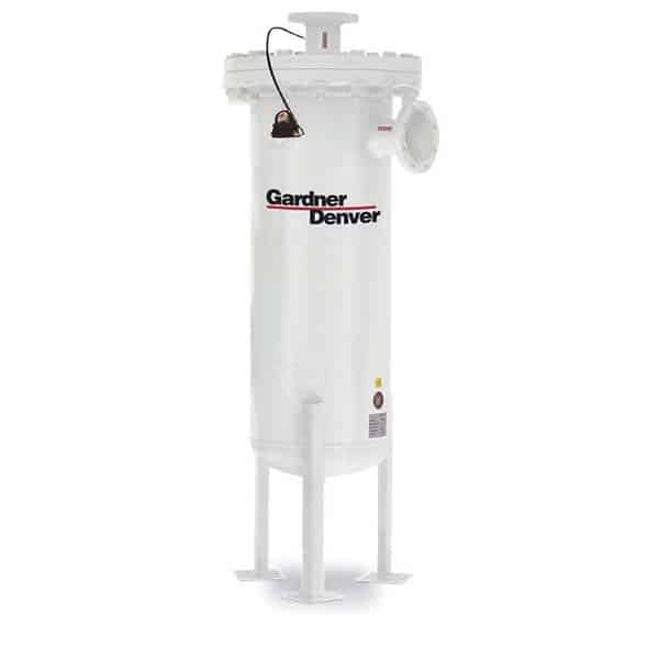 White industrial filter housing unit with a labeled Gardner Denver logo, standing on four legs, flanged pipe connections, and top sensor.