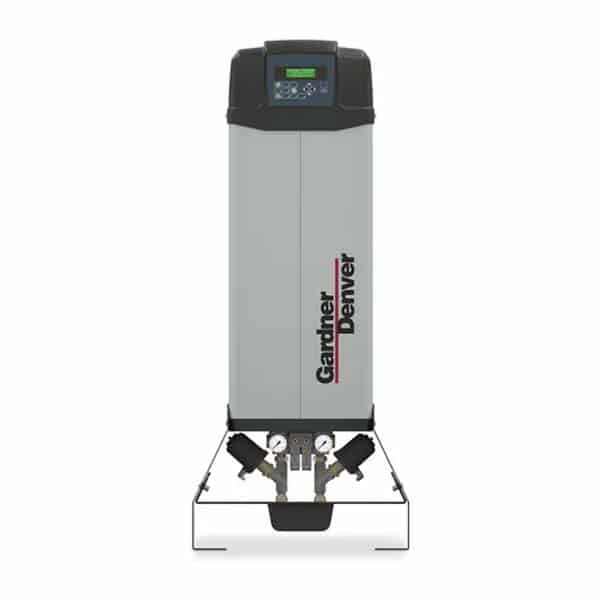 A vertical Gardner Denver industrial machine featuring a top digital display, control knobs, and base gauges against a white background.
