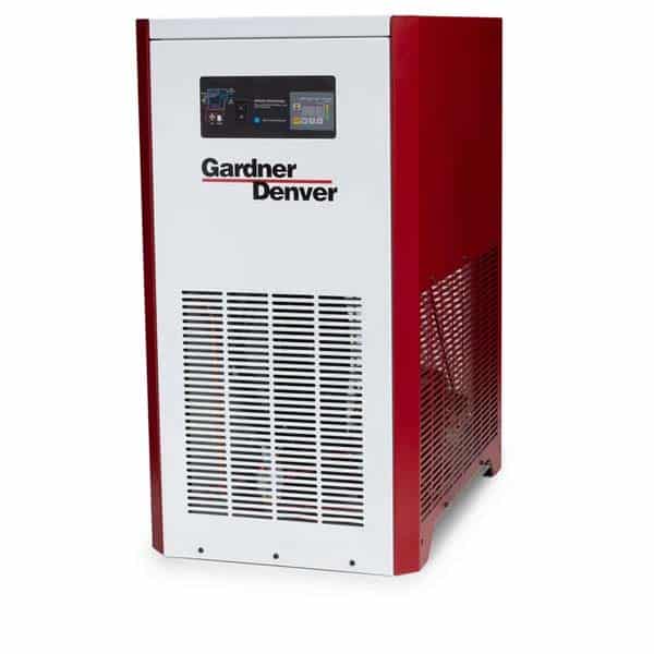A Gardner Denver industrial air dryer featuring a red and white exterior, digital control panel on the front, and bottom ventilation grilles.