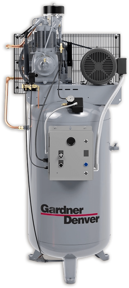 Vertical industrial air compressor with control panel, pipes, large motor on a cylindrical tank labeled Gardner Denver; plain background.