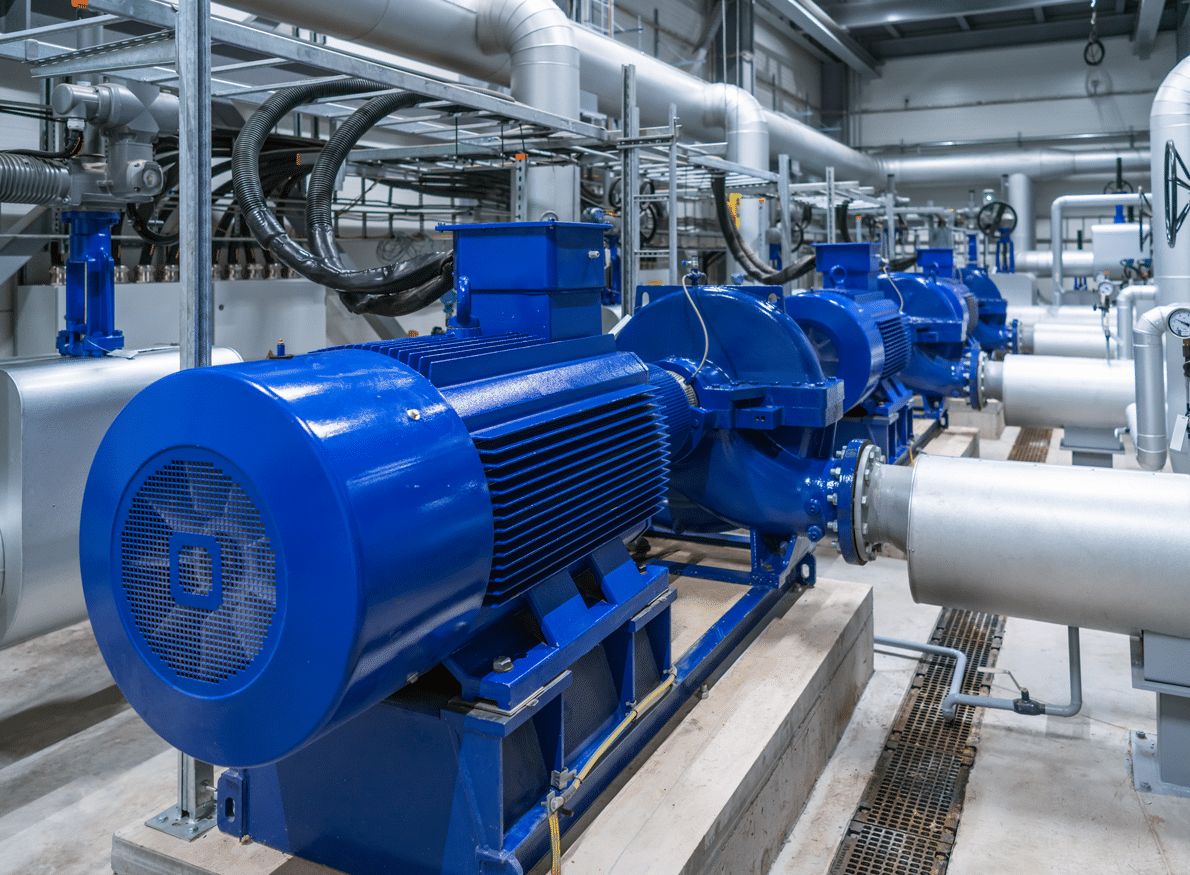 A row of bright blue industrial pumps with large electric motors. Large silver pipes run overhead and alongside.