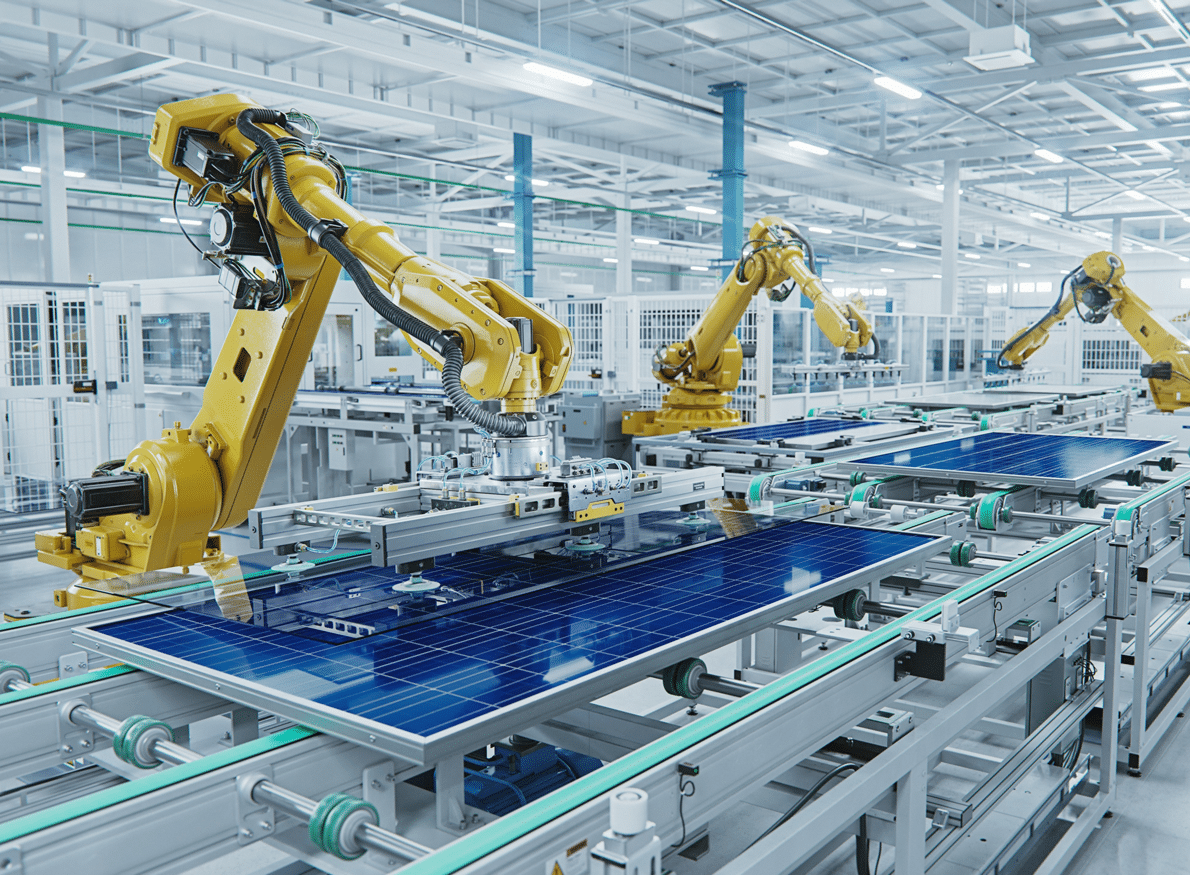 Yellow robotic arms assembling solar panels on a conveyor belt in a modern factory.