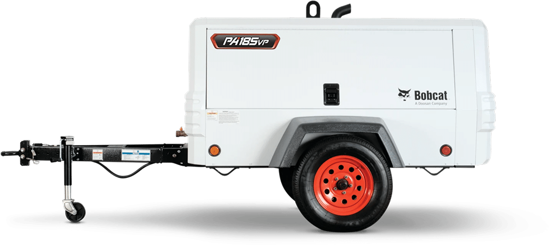 White Bobcat PK185VP portable air compressor, single red wheel, black fender, tow hitch, side view, plain background.