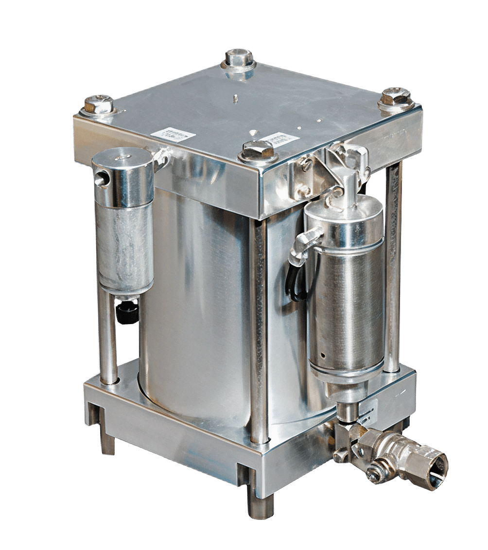 Metallic industrial device with cylindrical central chamber, on a rectangular base with rods, valves, components; shiny steel finish.
