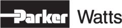 Black and white logo with the word Parker in bold, stylized letters on a black background, next to Watts in black on white background.