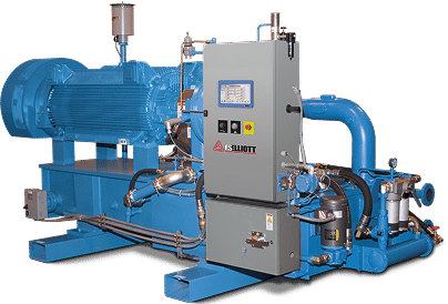 A large industrial blue compressor with pipes, control panel, gauges, and the brand name Elliott visible on the control box.